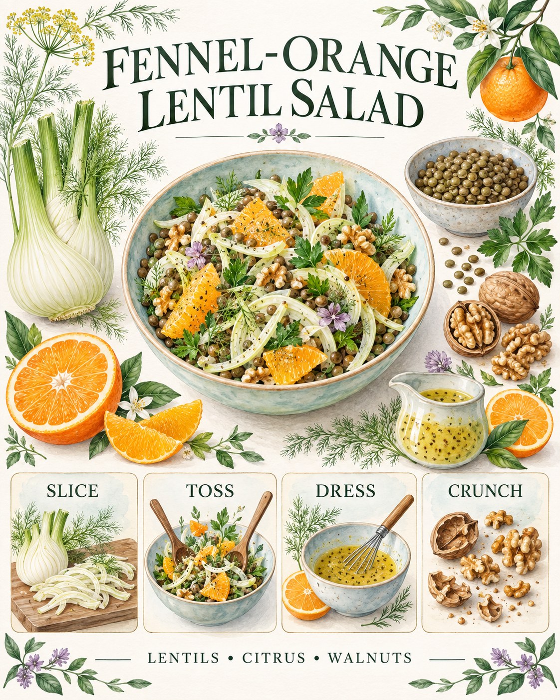 Coral, green, lilac, aqua, brown, and cream botanical infographic for fennel-orange lentil salad.