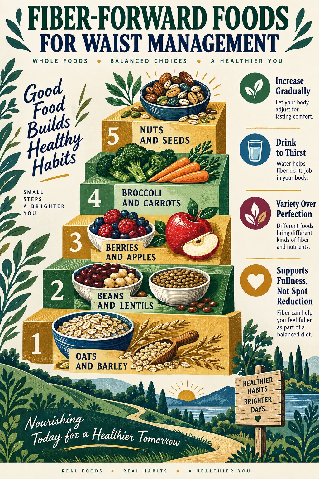 Portrait fiber-food ladder showing oats, barley, beans, lentils, berries, apples, broccoli, carrots, nuts, and seeds.