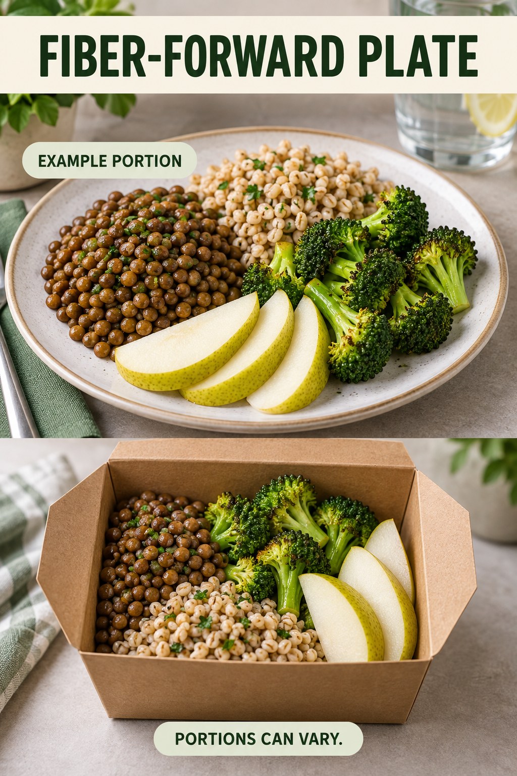 Fiber-Forward Plate visual using lentils, barley, broccoli, and pear as flexible example portions for High Fiber Foods.