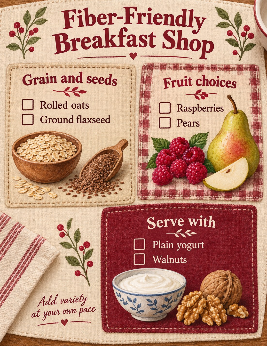 Beige and berry breakfast checklist with oats, ground flaxseed, raspberries, pears, yogurt and walnuts.