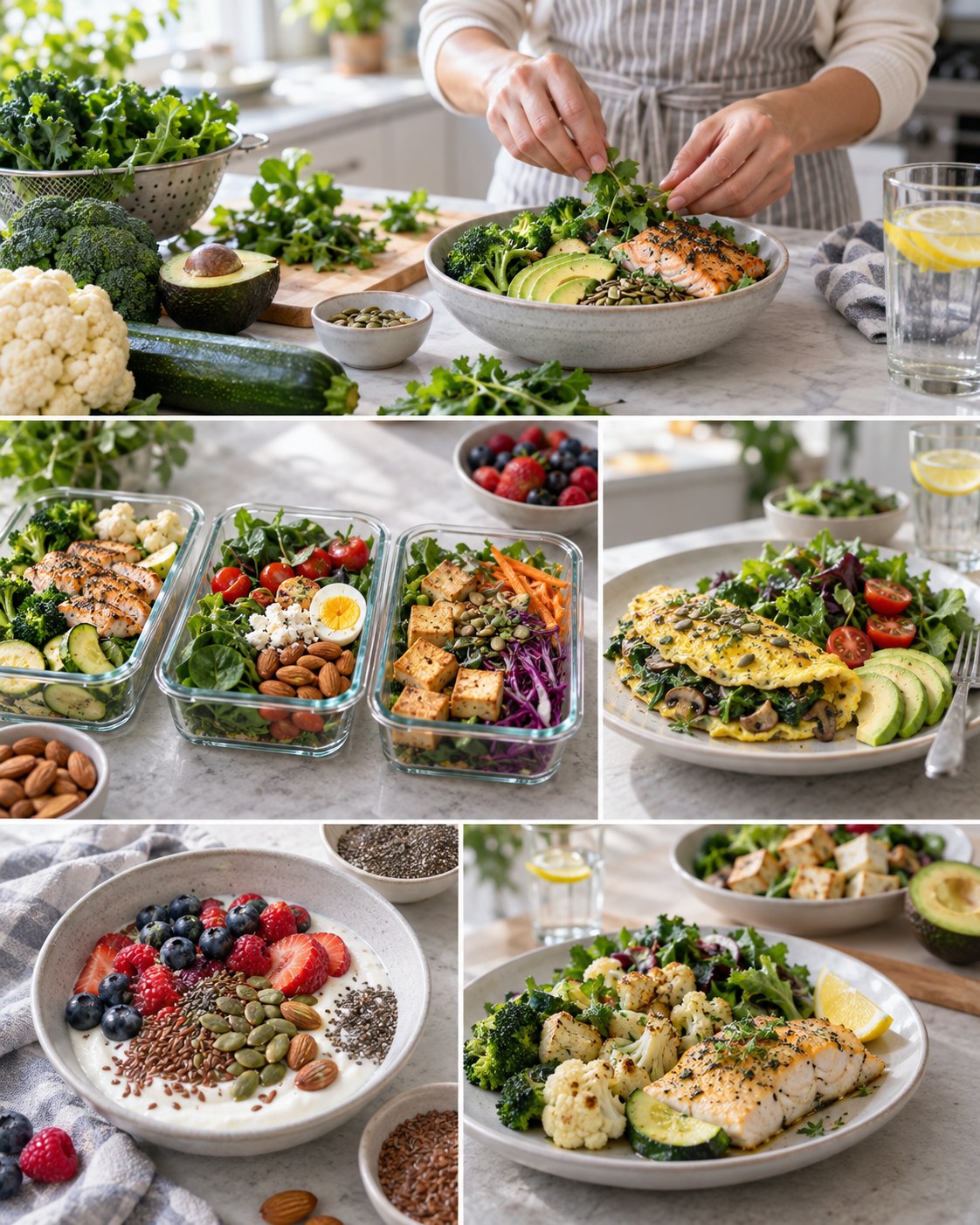 Keto-style meals with leafy greens, broccoli, cauliflower, zucchini, avocado, berries, seeds, eggs, fish, tofu, and yogurt