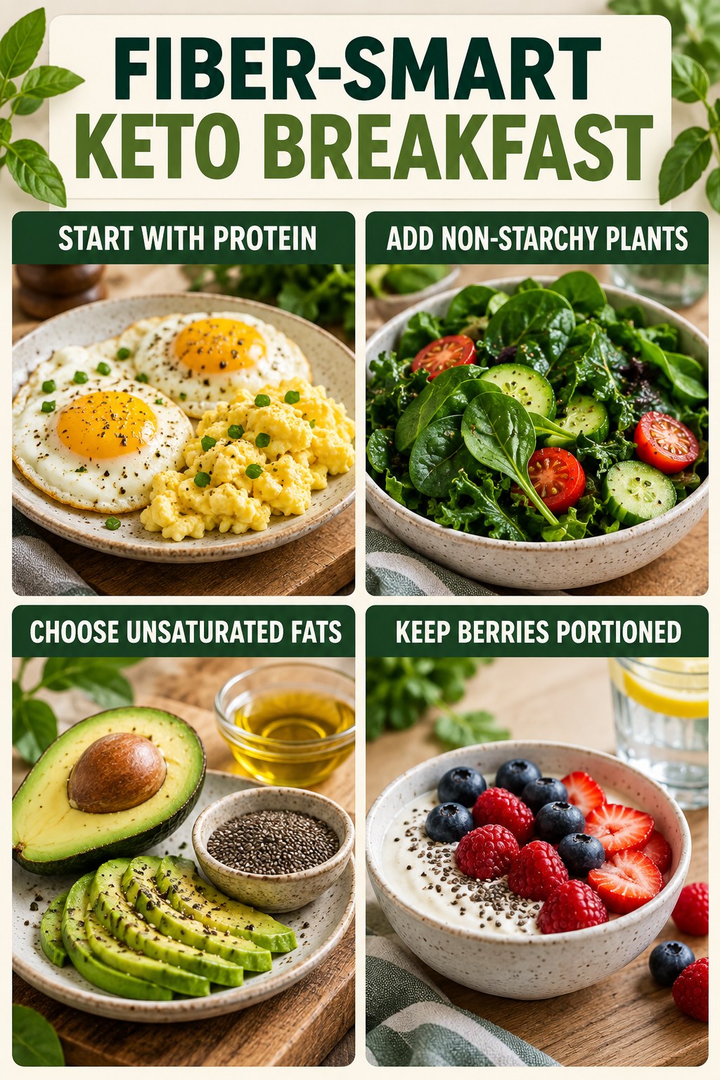 Fiber-smart keto breakfast infographic showing eggs, leafy vegetables, avocado, chia seeds, yogurt, and portioned berries.