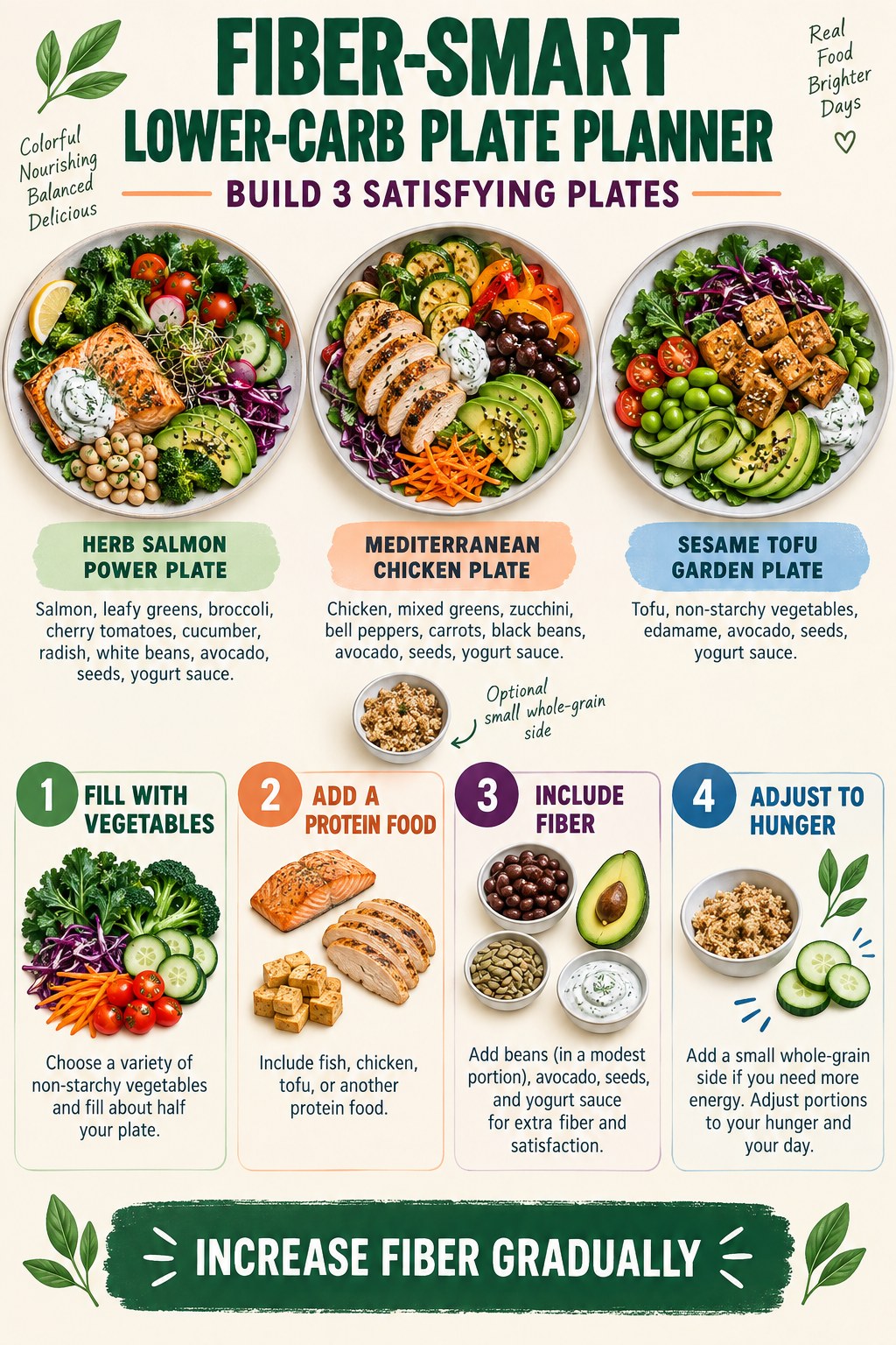 Fiber-smart lower-carb plate with vegetables, protein, berries or legumes, healthy fats, herbs, and citrus.