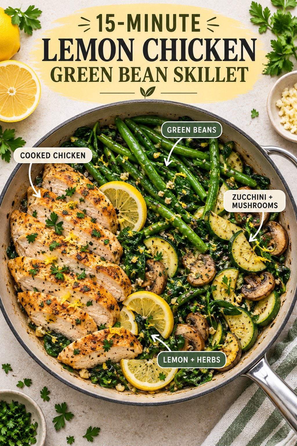 Lemon chicken skillet infographic with green beans, zucchini, mushrooms, spinach, garlic, parsley, and labeled steps.