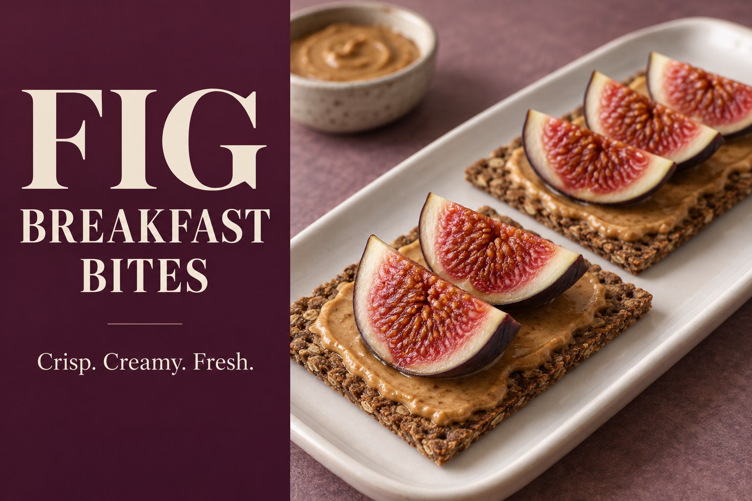 Rye crispbread pieces topped with almond butter and fresh fig slices beside the words Fig Breakfast Bites.