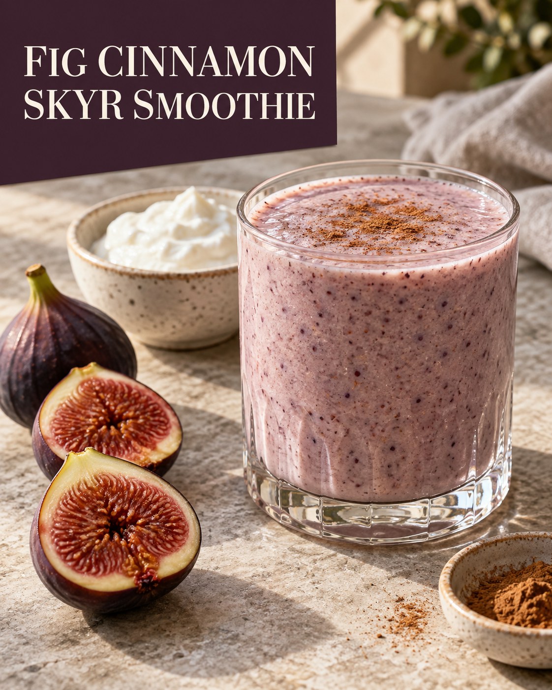 Creamy fig skyr smoothie beside fresh fig halves and cinnamon, presented in a modern plum-colored recipe layout.