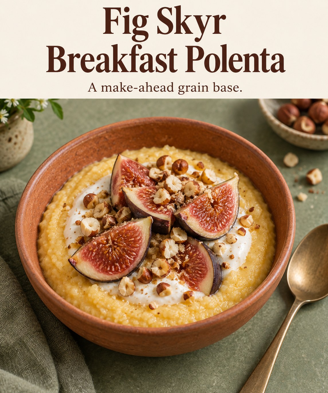 Creamy polenta in a terracotta bowl topped with skyr, fresh fig slices, and chopped hazelnuts.