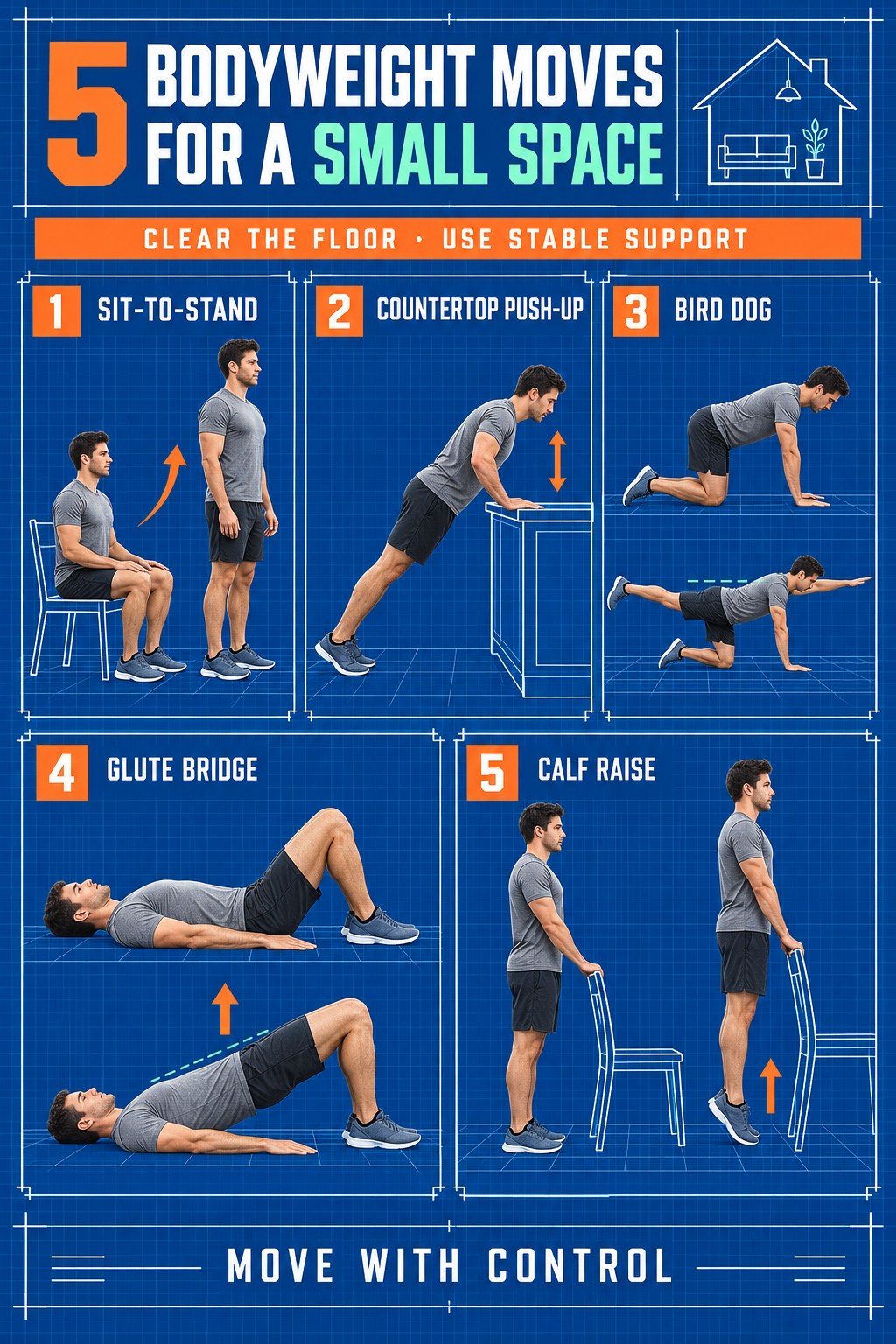Blueprint-style guide showing a man doing sit-to-stand, countertop push-up, bird dog, glute bridge, and calf raise.