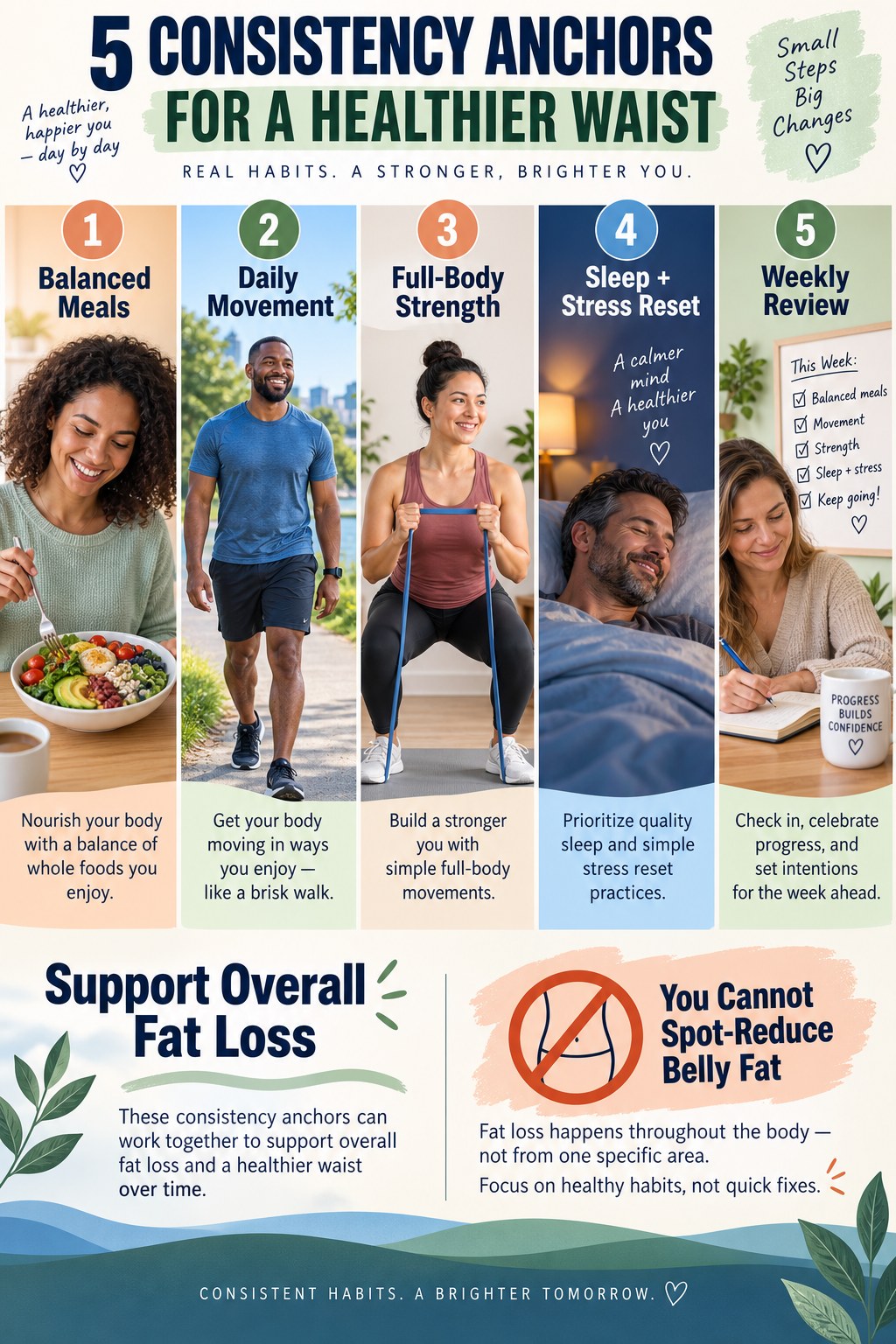Portrait infographic showing five consistency anchors: balanced meals, walking, full-body resistance exercise, sleep and stress reset, and weekly review.