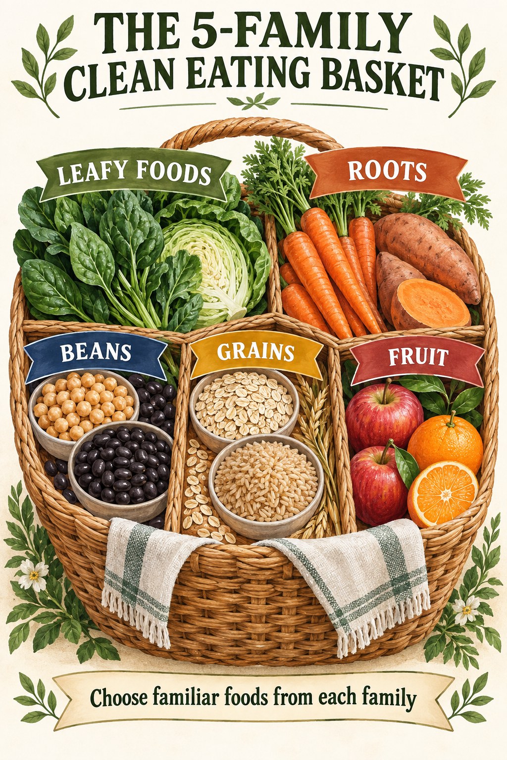 Botanical grocery basket infographic divided into leafy foods, roots, beans, grains, and fruit.