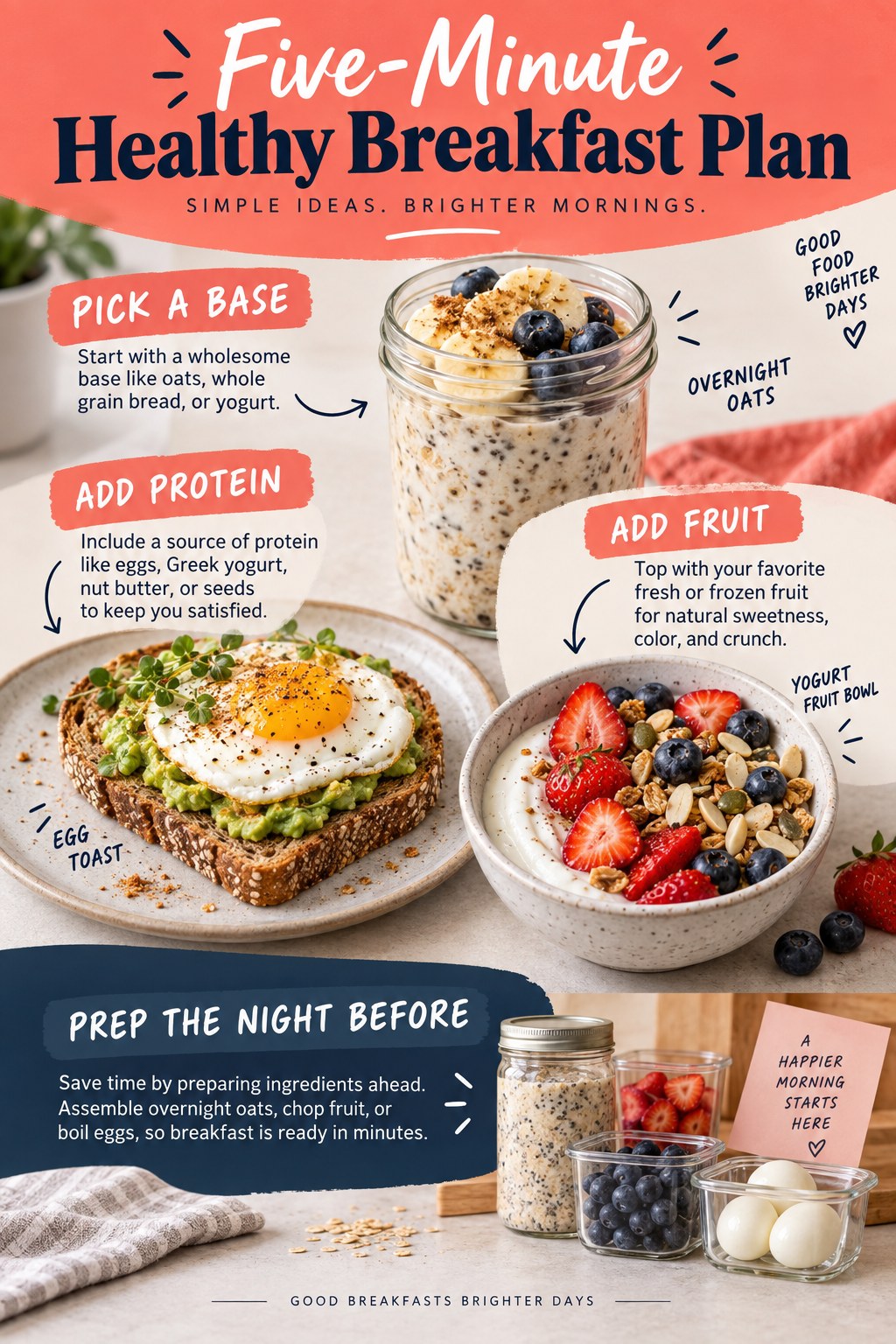 Portrait infographic showing overnight oats, egg toast, and a yogurt fruit bowl with steps to pick a base, add protein and fruit, and prep ahead.