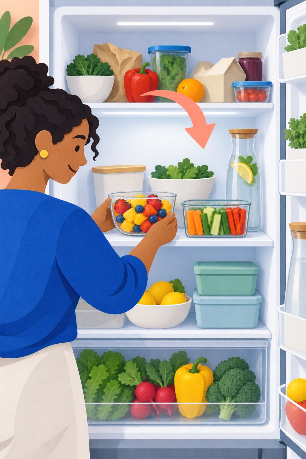 Cut-paper illustration of an adult arranging fruit, cut vegetables, and water on an easy-to-reach refrigerator shelf.