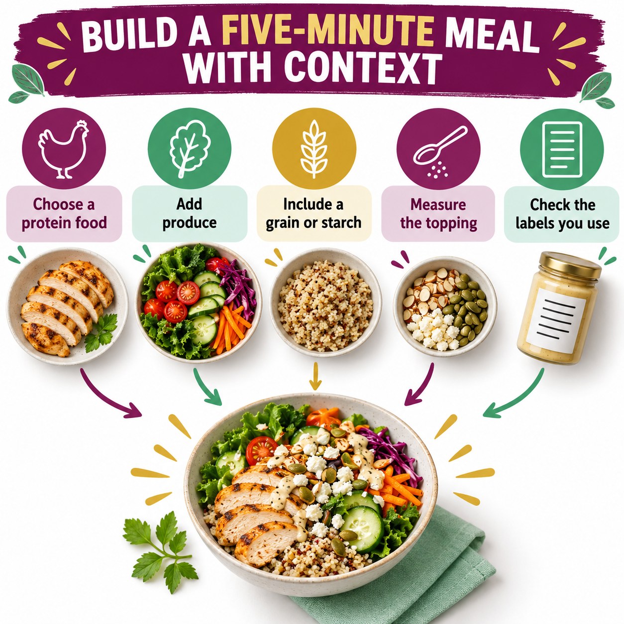 Five-minute meal infographic with protein, produce, grain or starch, measured topping, and food-label checks