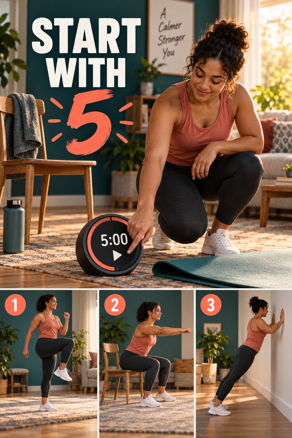 Adult starting a five-minute timer beside a mat, with marching, chair squat, and wall push-up examples.