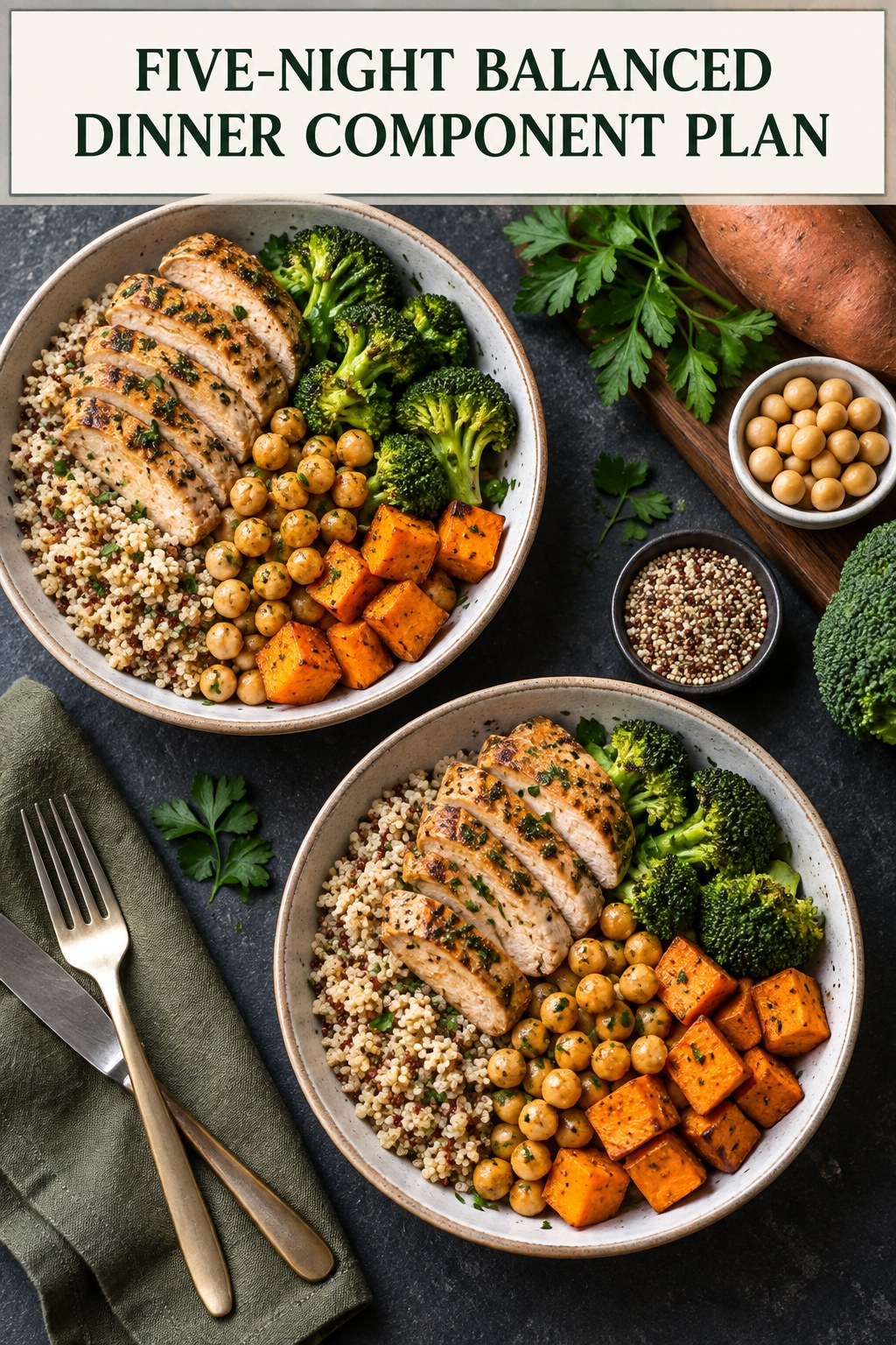 Two servings of five-night balanced dinner component plan made with chicken, quinoa, and vegetables.
