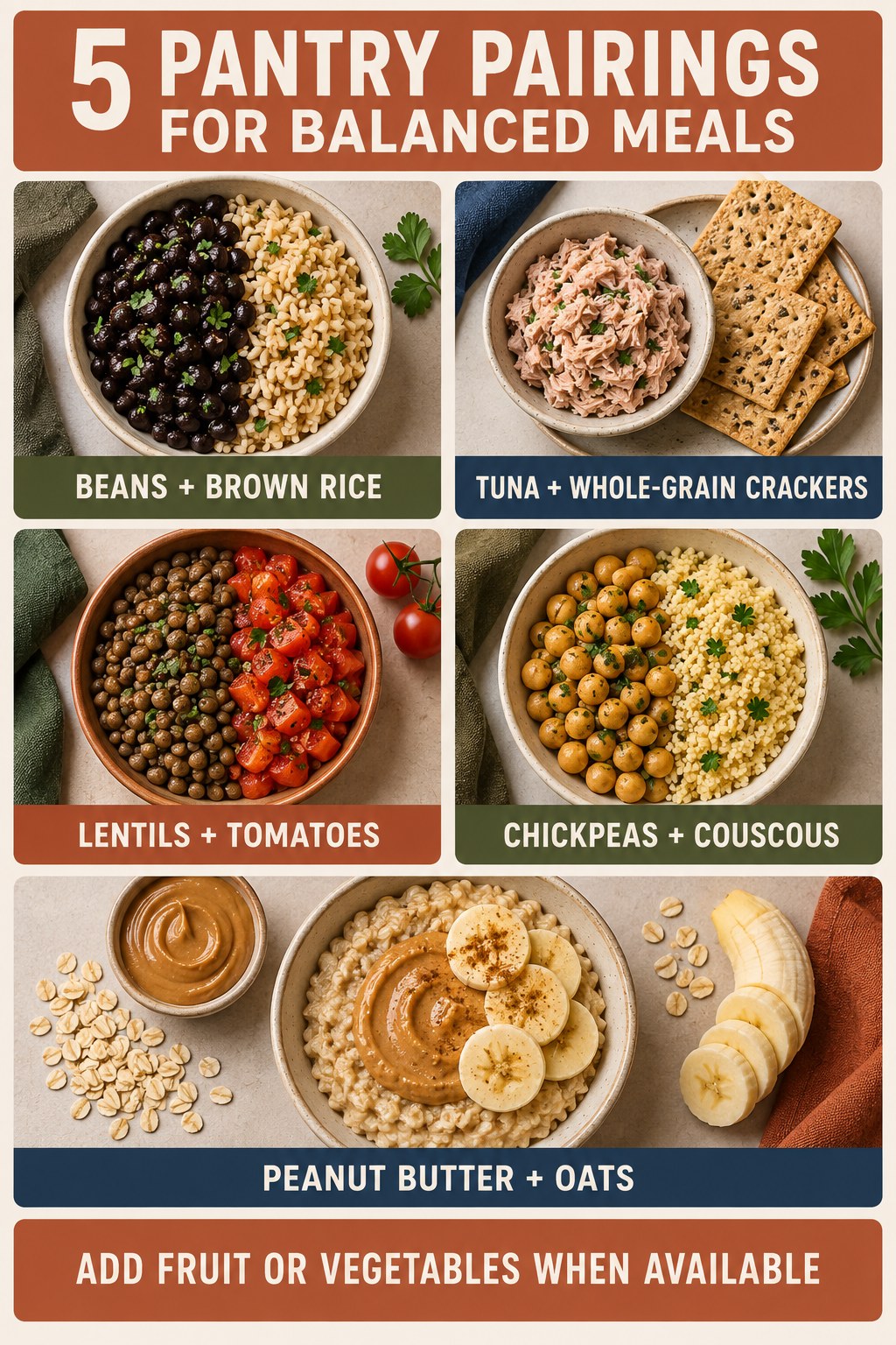 Portrait food infographic showing five pantry pairings: beans and brown rice, tuna and whole-grain crackers, lentils and tomatoes, chickpeas and couscous, and peanut butter with oats.