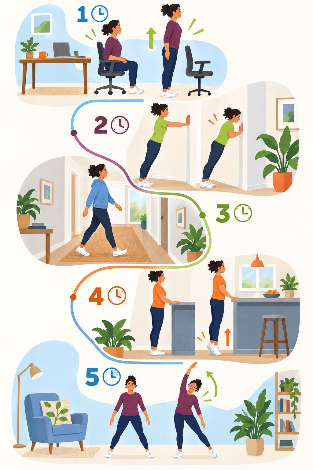 Illustrated home-office timeline with sit-to-stands, wall push-ups, hallway walking, calf raises, and side steps.