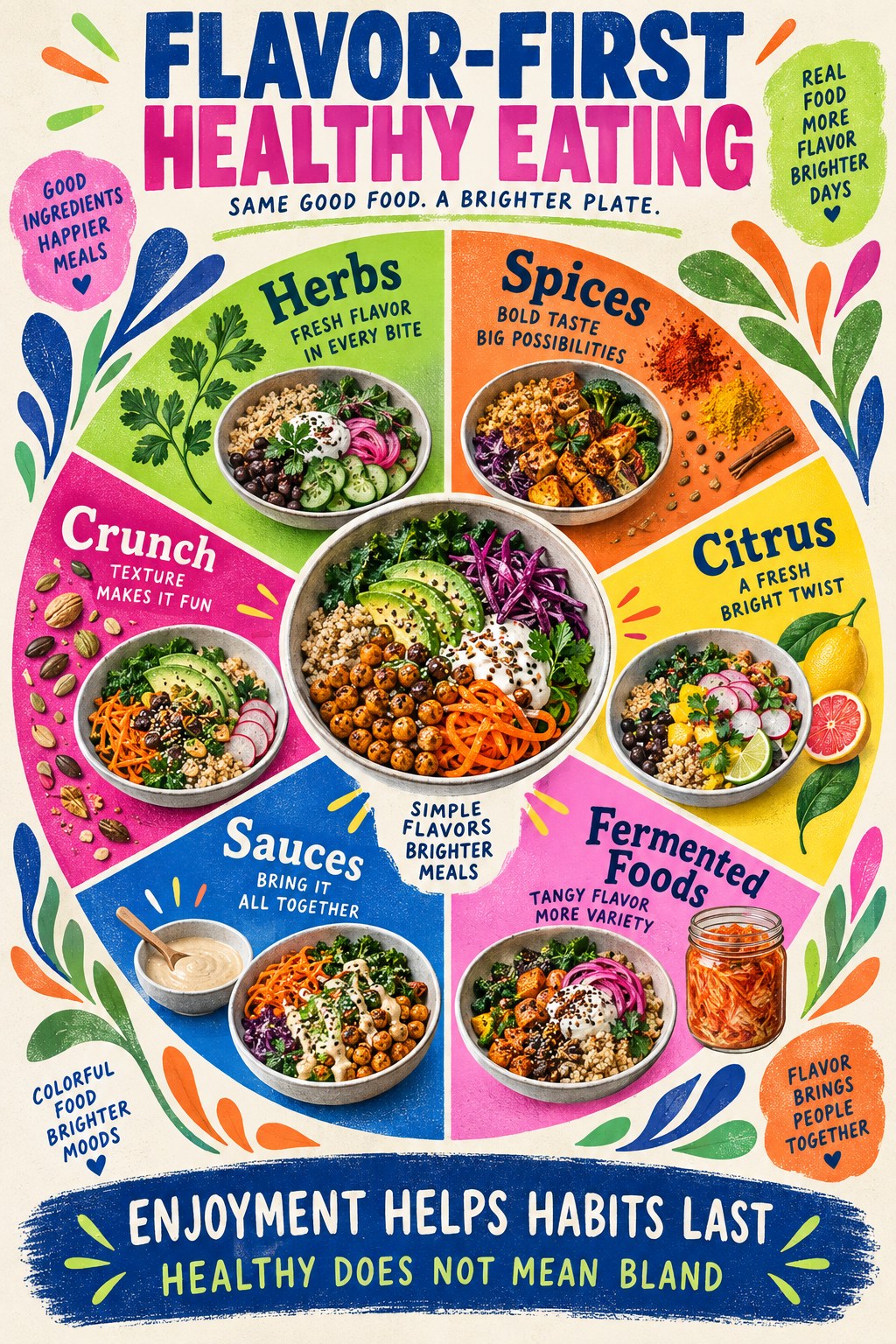 Portrait flavor wheel showing herbs, spices, citrus, fermented foods, sauces, and crunchy toppings around balanced bowls.