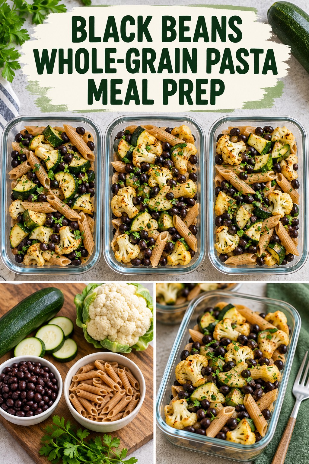 Three containers of flexible black beans whole-grain pasta prep boxes with black beans, whole-grain pasta, zucchini, and cauliflower.