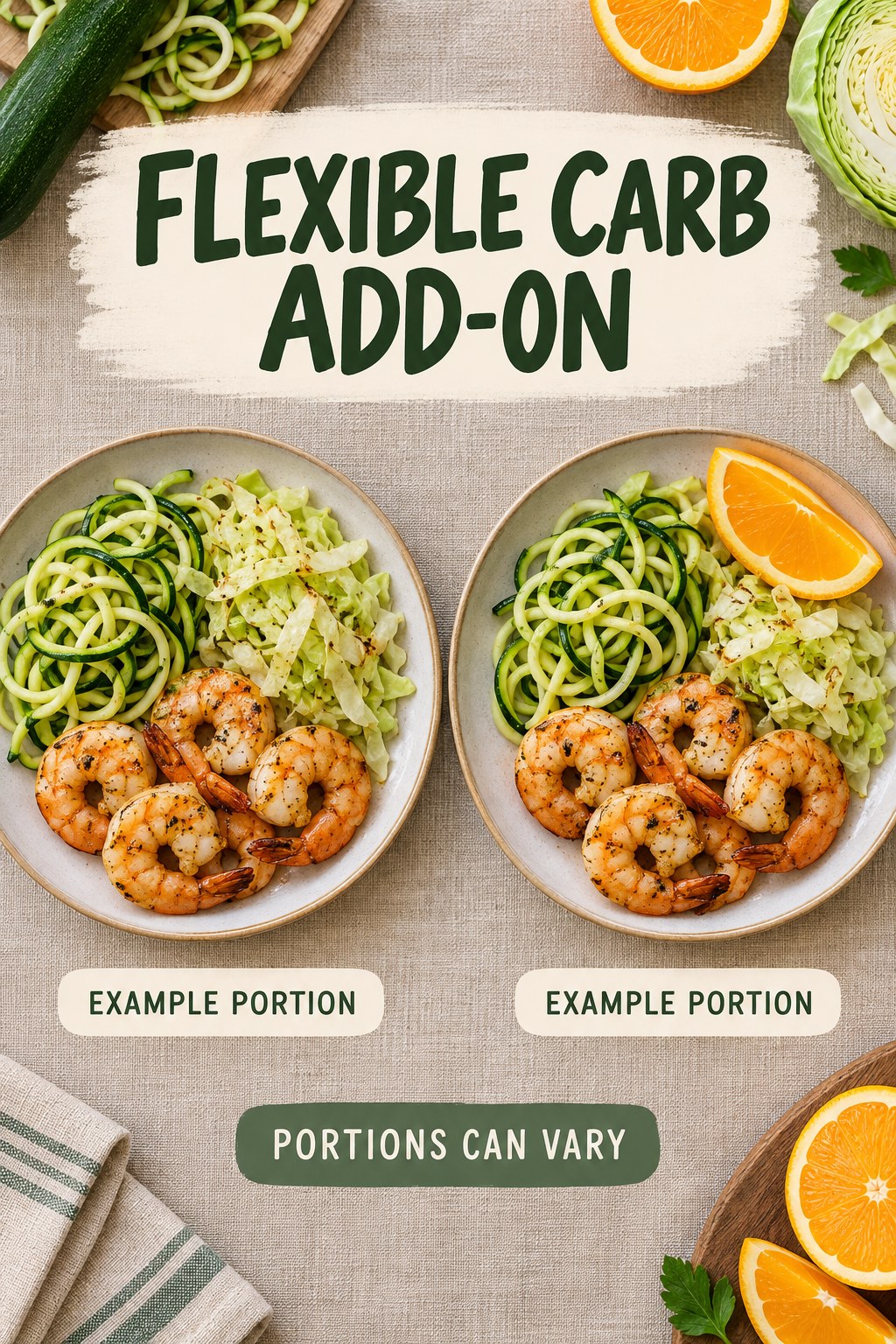 Flexible Carb Add-On visual using shrimp, zucchini noodles, cabbage, and orange as flexible example portions for Low Carb Recipes.