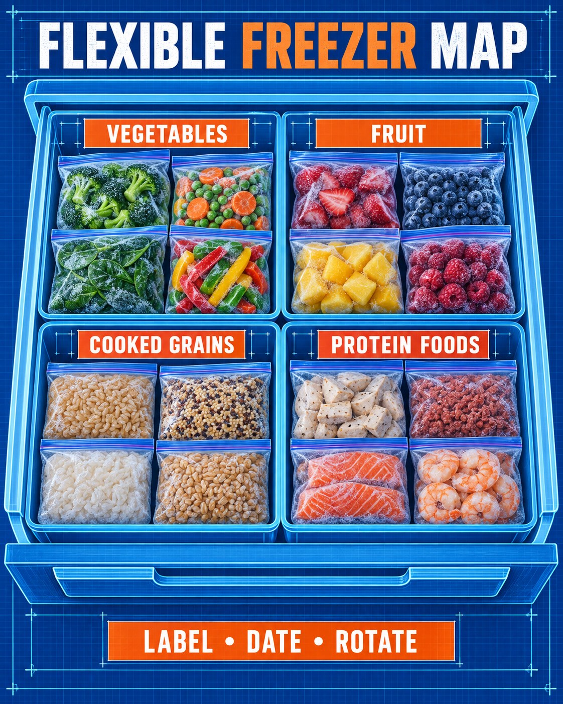 Cobalt blueprint-style freezer infographic with labeled sections for vegetables, fruit, grains, and protein foods.