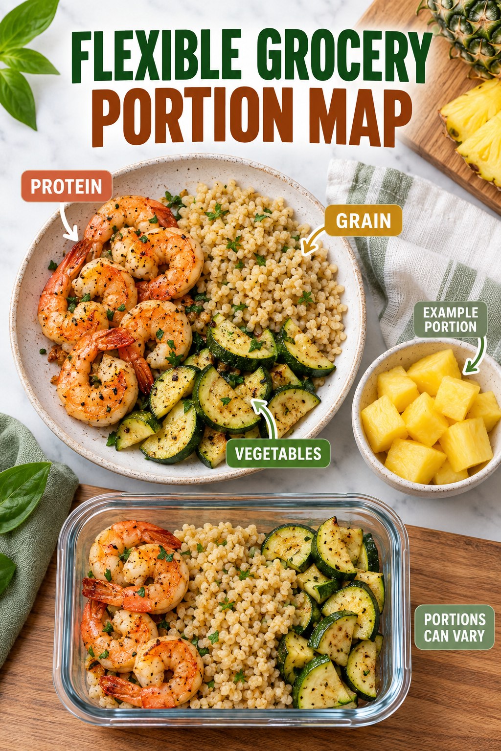 Flexible Grocery Portion Map visual using shrimp, bulgur, zucchini, and pineapple as flexible example portions for Healthy Meal Plans.