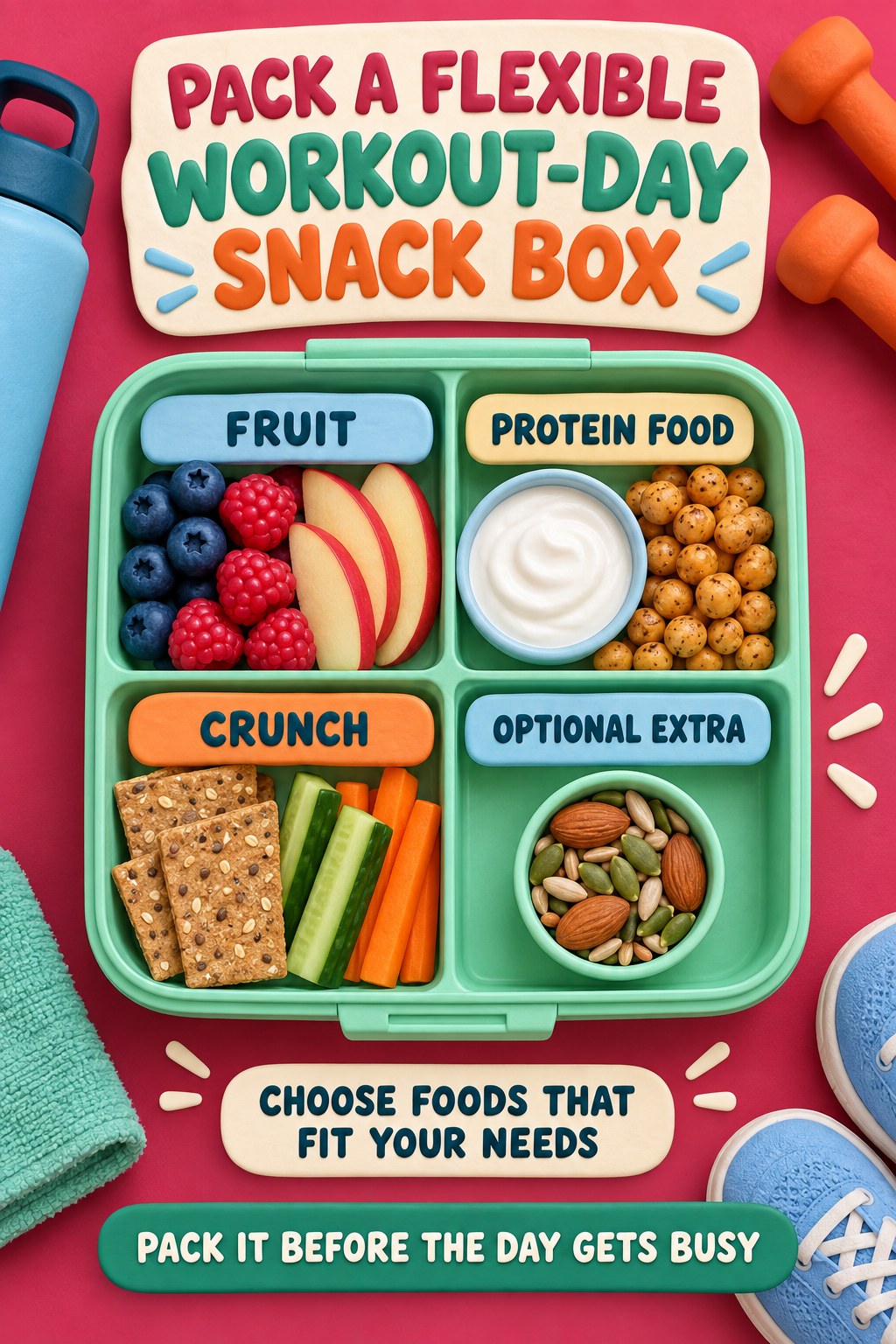 Top-down snack box with fruit, yogurt and chickpeas, crackers and vegetables, plus nuts and seeds.