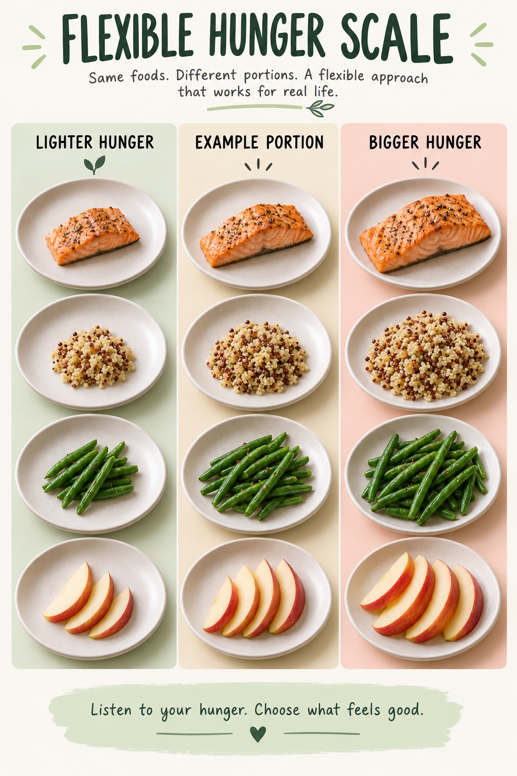 Flexible Hunger Scale visual using salmon, quinoa, green beans, and apple as flexible example portions for Calorie Deficit.