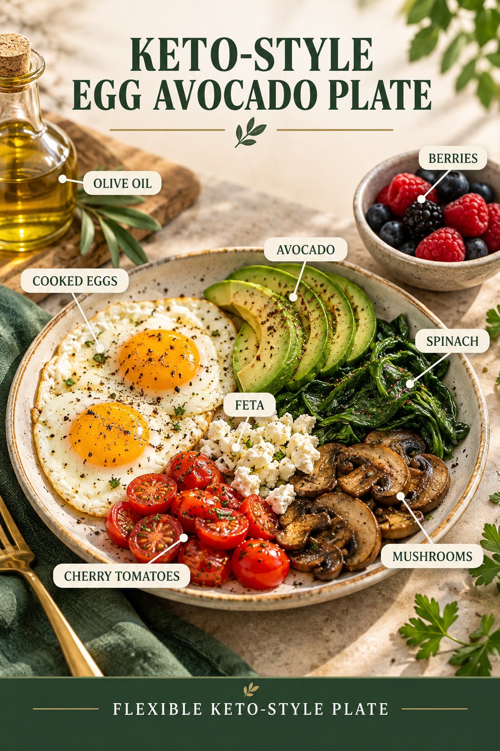 Keto-style egg avocado breakfast plate with spinach, mushrooms, tomatoes, feta, olive oil, and berries
