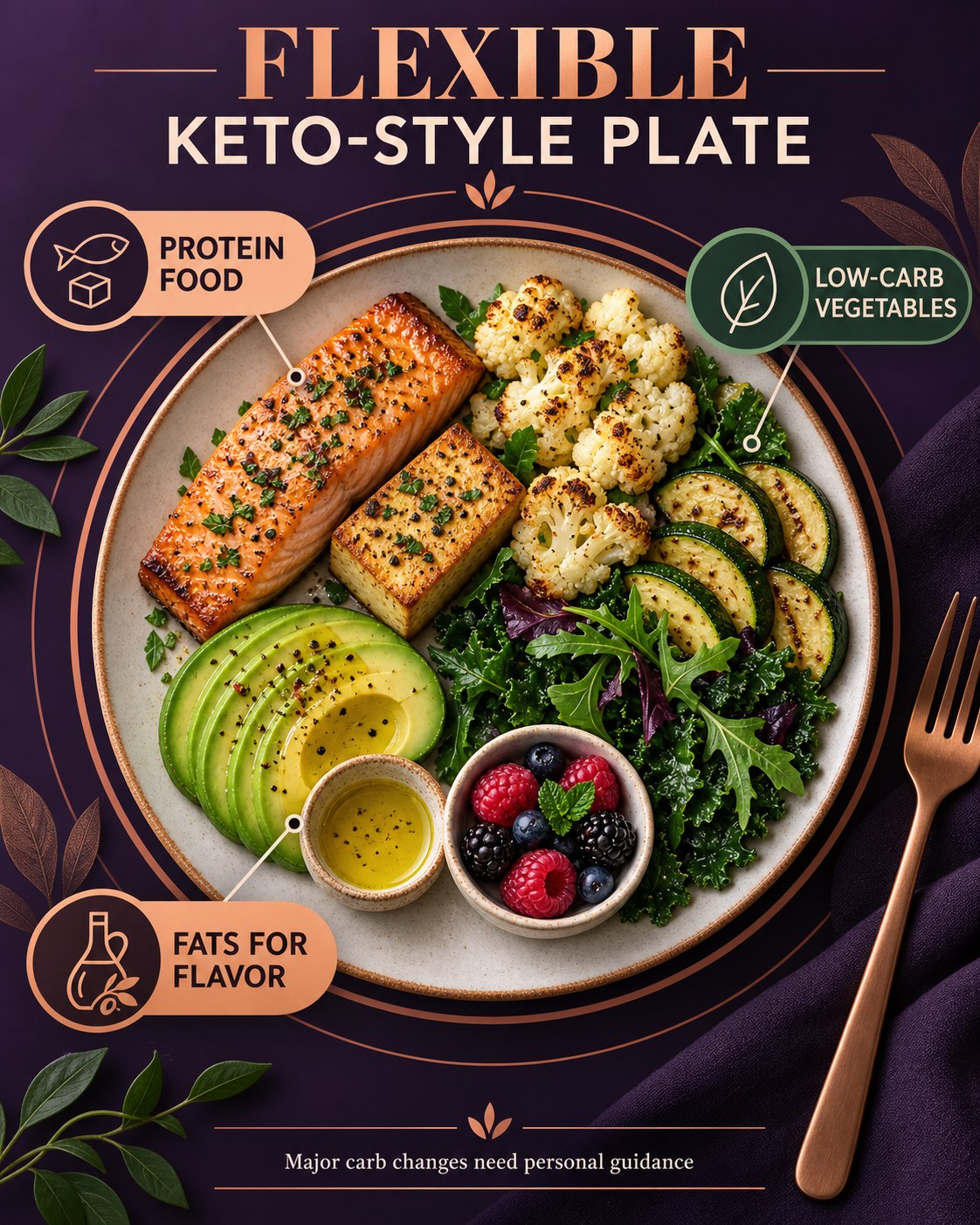 Purple and copper infographic with salmon or tofu, cauliflower, zucchini, greens, avocado, olive oil, and berries.