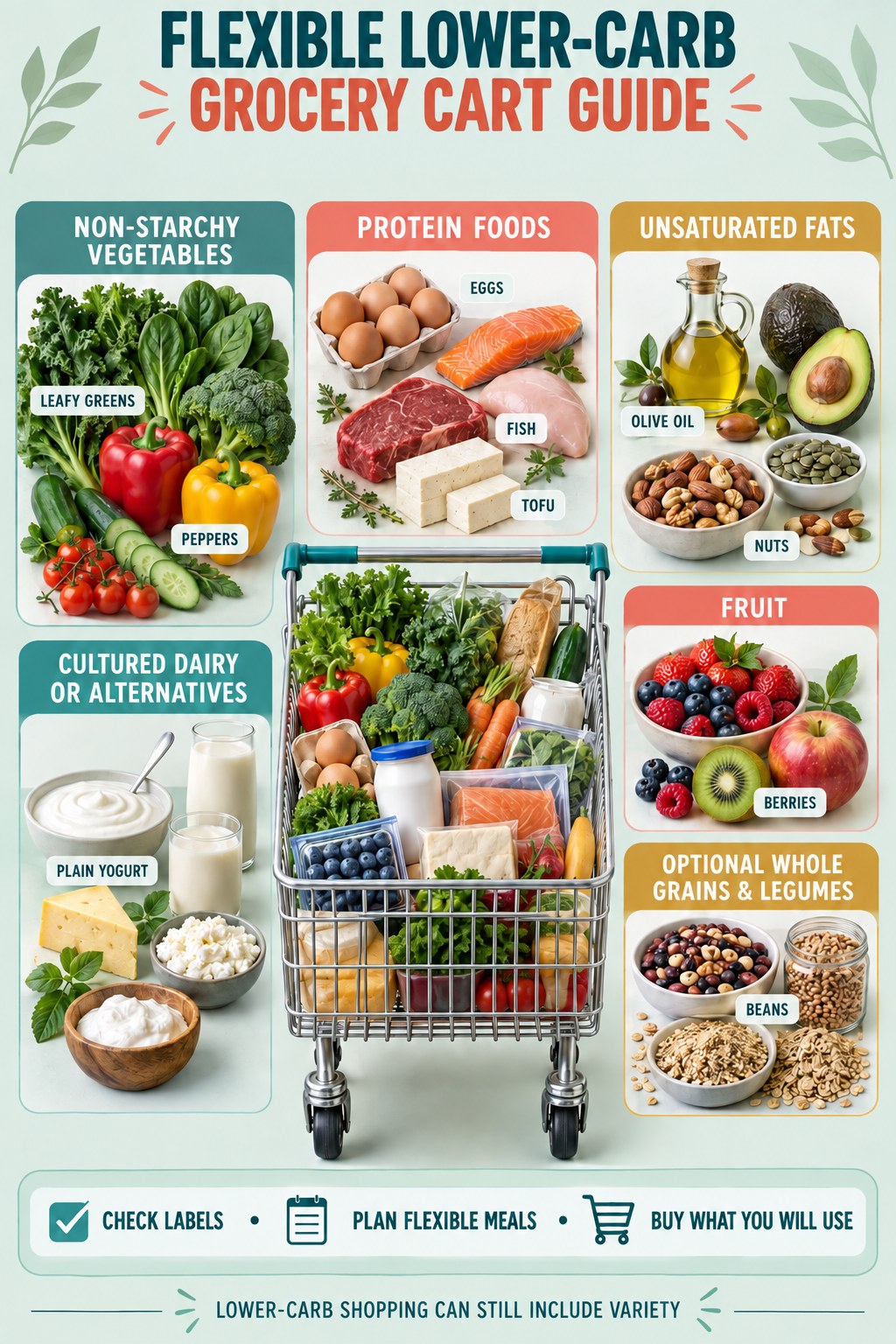 Lower-carb grocery guide with vegetables, eggs, fish, tofu, olive oil, nuts, yogurt, berries, beans, and whole grains.