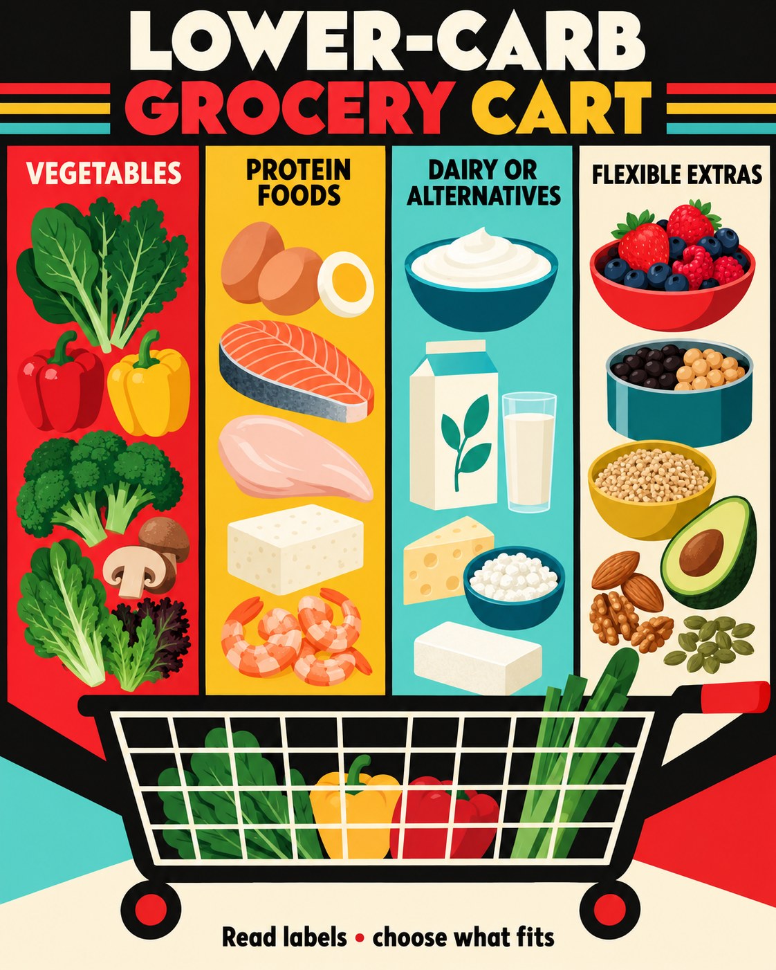Black, red, mustard, and aqua Bauhaus infographic showing a lower-carb grocery cart grouped into four food categories.