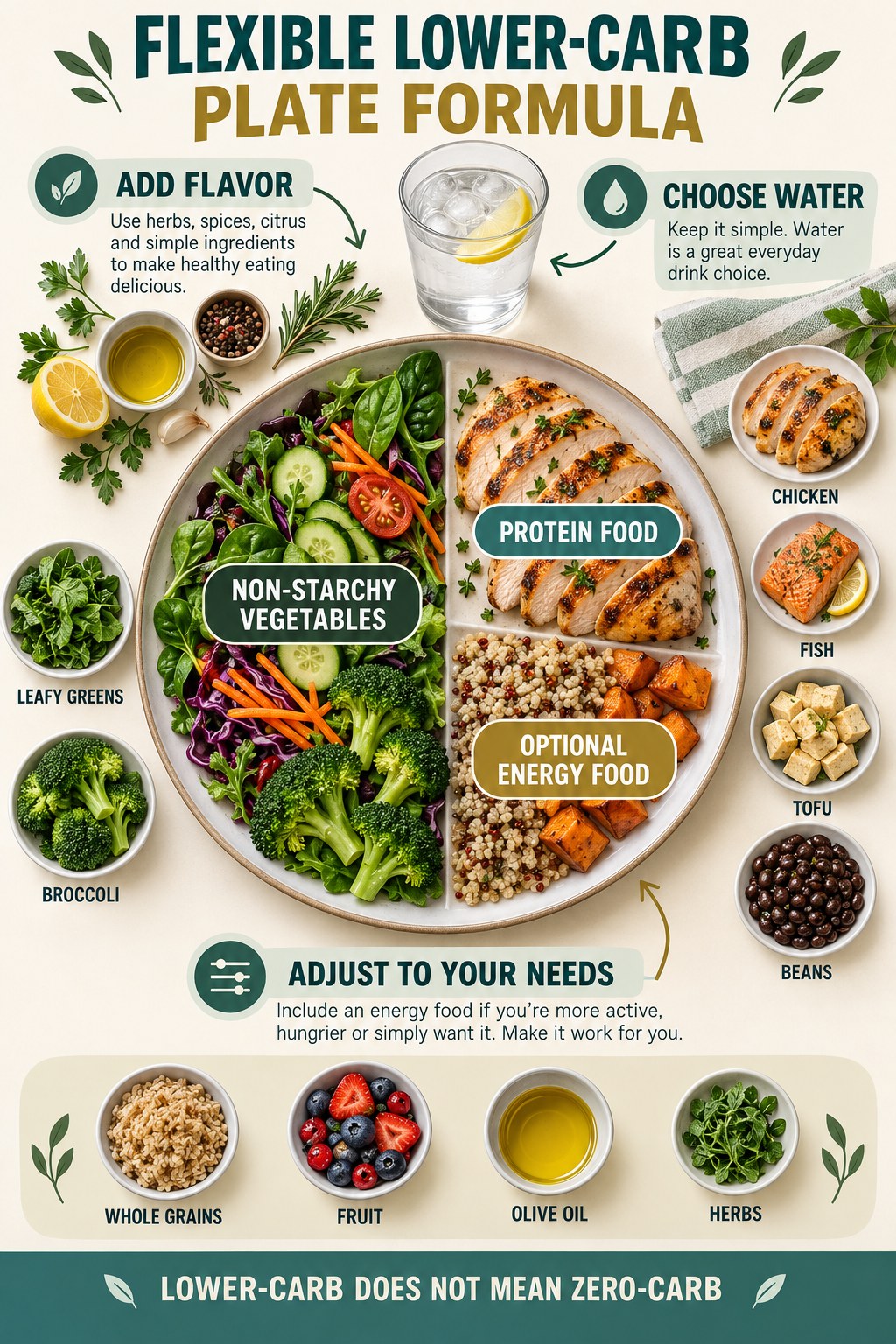 Flexible lower-carb plate with non-starchy vegetables, chicken, grains, sweet potato, herbs, olive oil, and water.