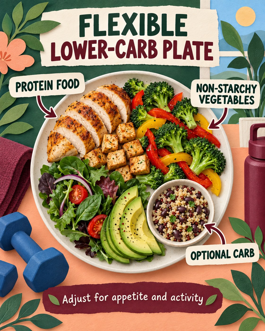 Forest green and peach paper-cut infographic showing chicken or tofu, vegetables, salad, avocado, and an optional quinoa-bean side.
