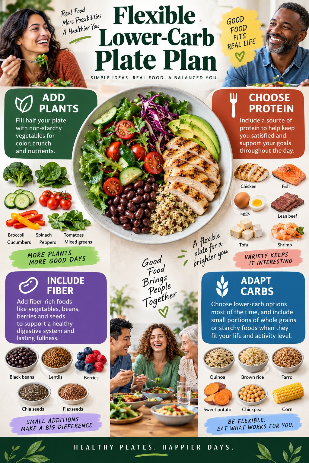 Portrait infographic showing a flexible lower-carb plate with non-starchy vegetables, protein foods, beans, berries, seeds, and optional whole-food carbohydrates.