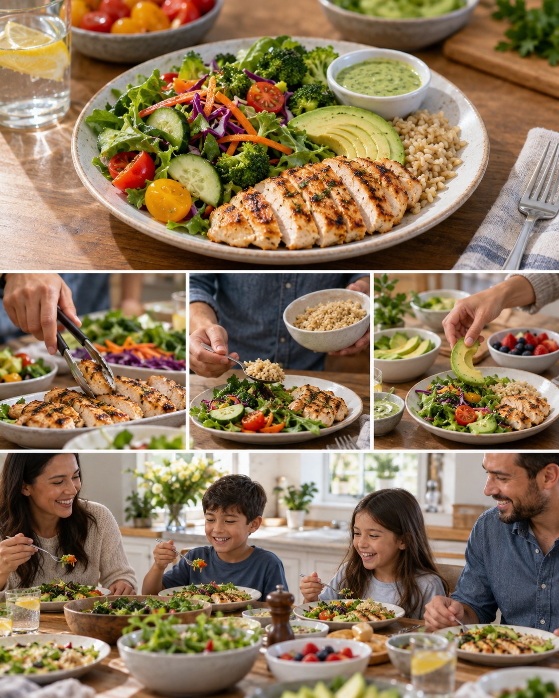 Flexible lower-carb plate with grilled chicken, colorful vegetables, avocado dressing, and a small brown rice portion