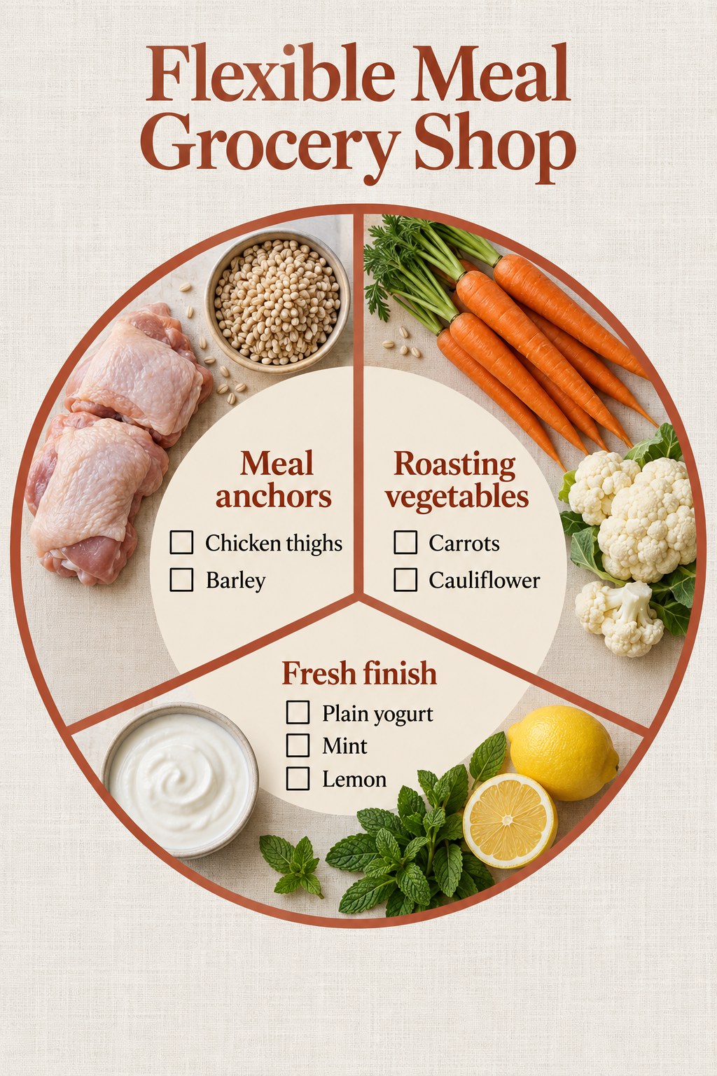 Terracotta circular grocery checklist listing chicken thighs, barley, carrots, cauliflower, plain yogurt, mint and lemon.