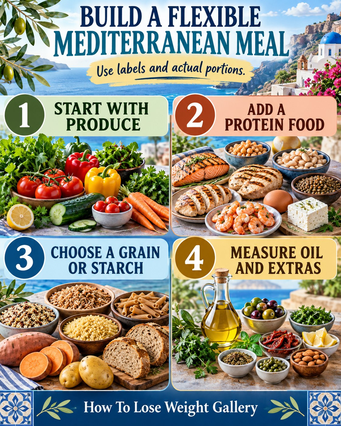 Four-step Mediterranean meal infographic showing produce, protein food, grain or starch, and measured oil and extras