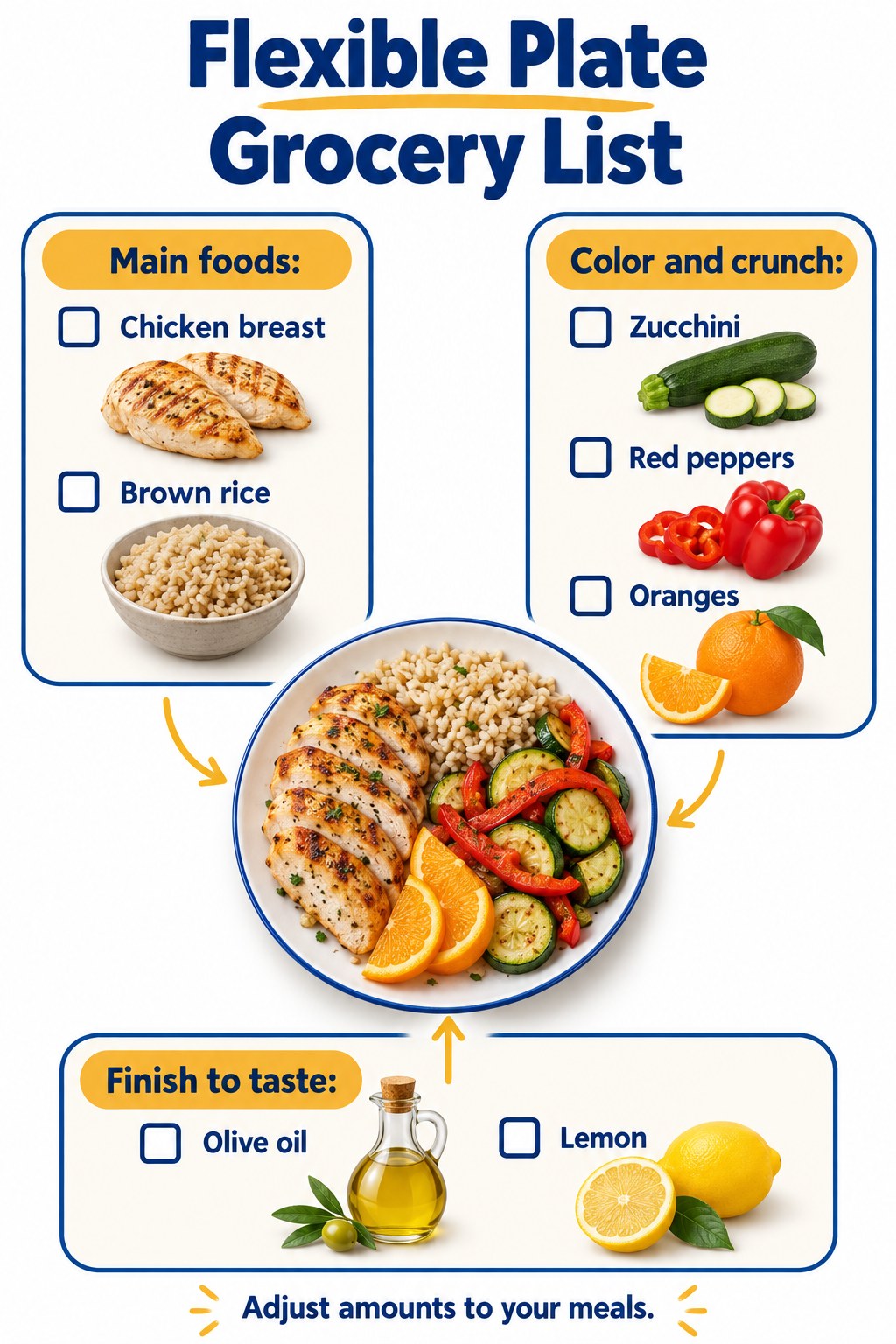 Grocery list with chicken breast, brown rice, zucchini, red peppers, oranges, olive oil, and lemon arranged around a plate.