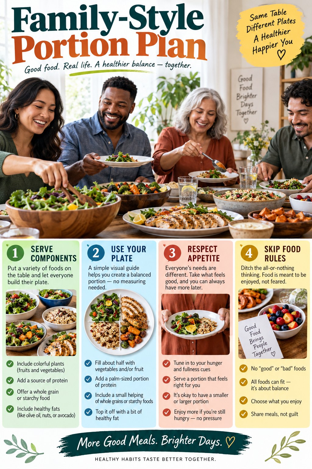 Portrait infographic showing vegetables, protein foods, carbohydrates and sauces on a balanced plate with steps to eat slowly, check hunger and add more if needed.