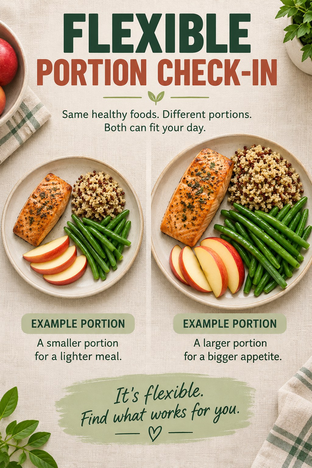 Flexible Portion Check-In visual using salmon, quinoa, green beans, and apple as flexible example portions for Healthy Weight Loss.