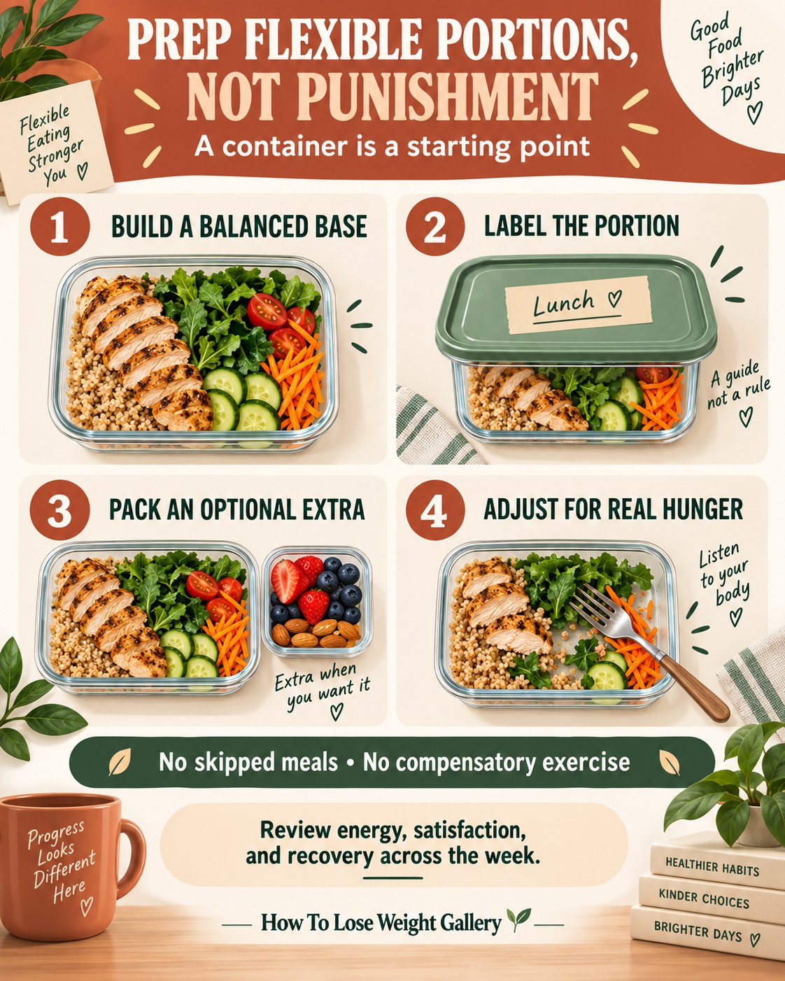 Flexible meal-prep infographic showing a balanced base, labeled portion, optional extra, and adjustment for real hunger