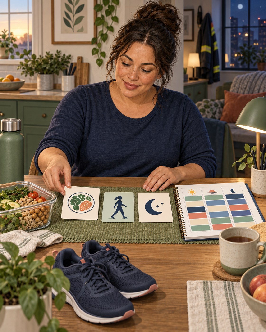 Woman arranging meal, walking, and sleep cards beside a color-coded shift schedule