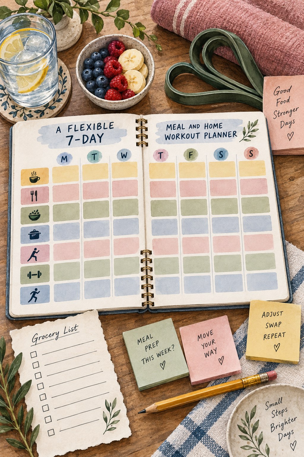 Watercolor seven-day planner with meal blocks, home workout icons, grocery notes, fruit, towel, and resistance band.