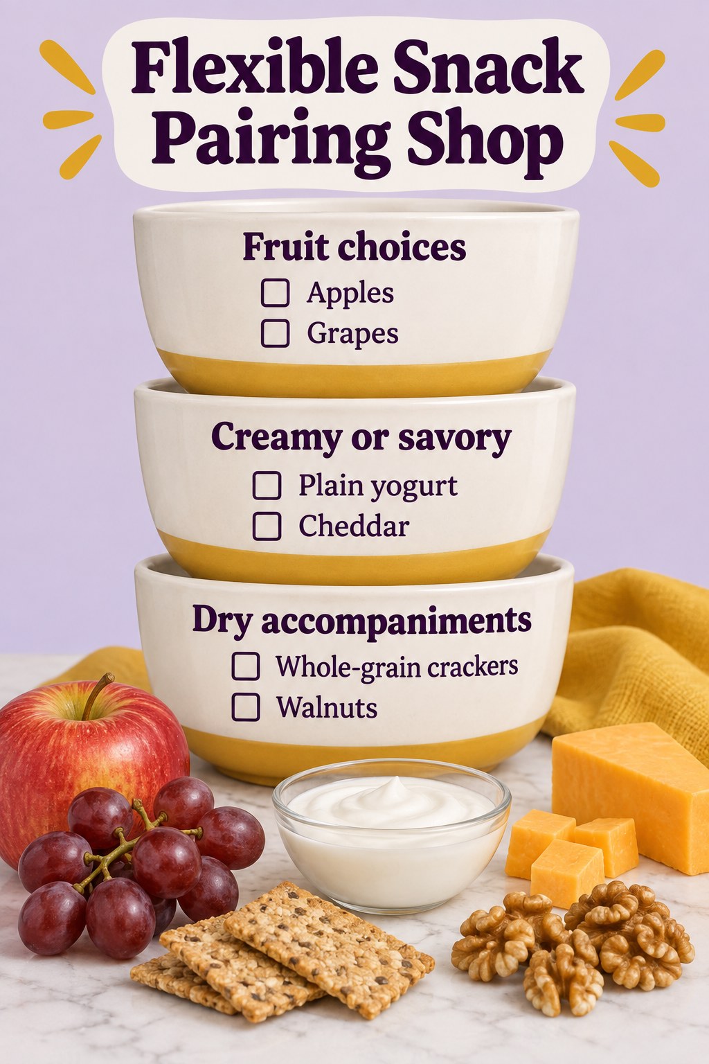 Lavender stacked-bowl grocery graphic listing apples, grapes, plain yogurt, cheddar, whole-grain crackers and walnuts.