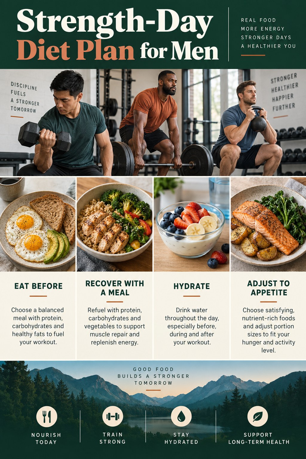 Portrait infographic showing diverse men strength training with balanced food panels for eating before, recovery meals, hydration, and flexible portions.