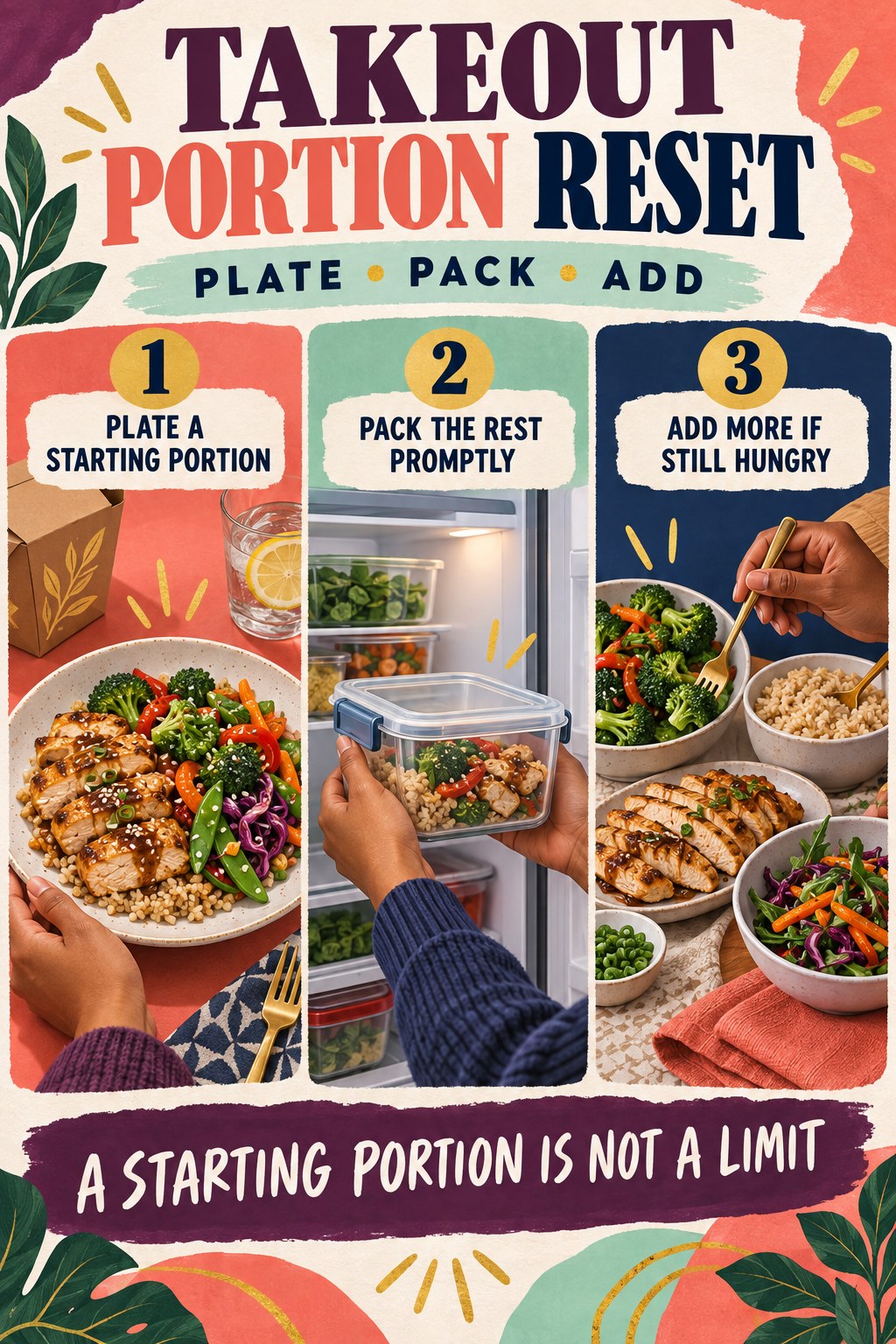 Portrait infographic showing a takeout meal plated, leftovers packed promptly, and extra food available if hunger remains.