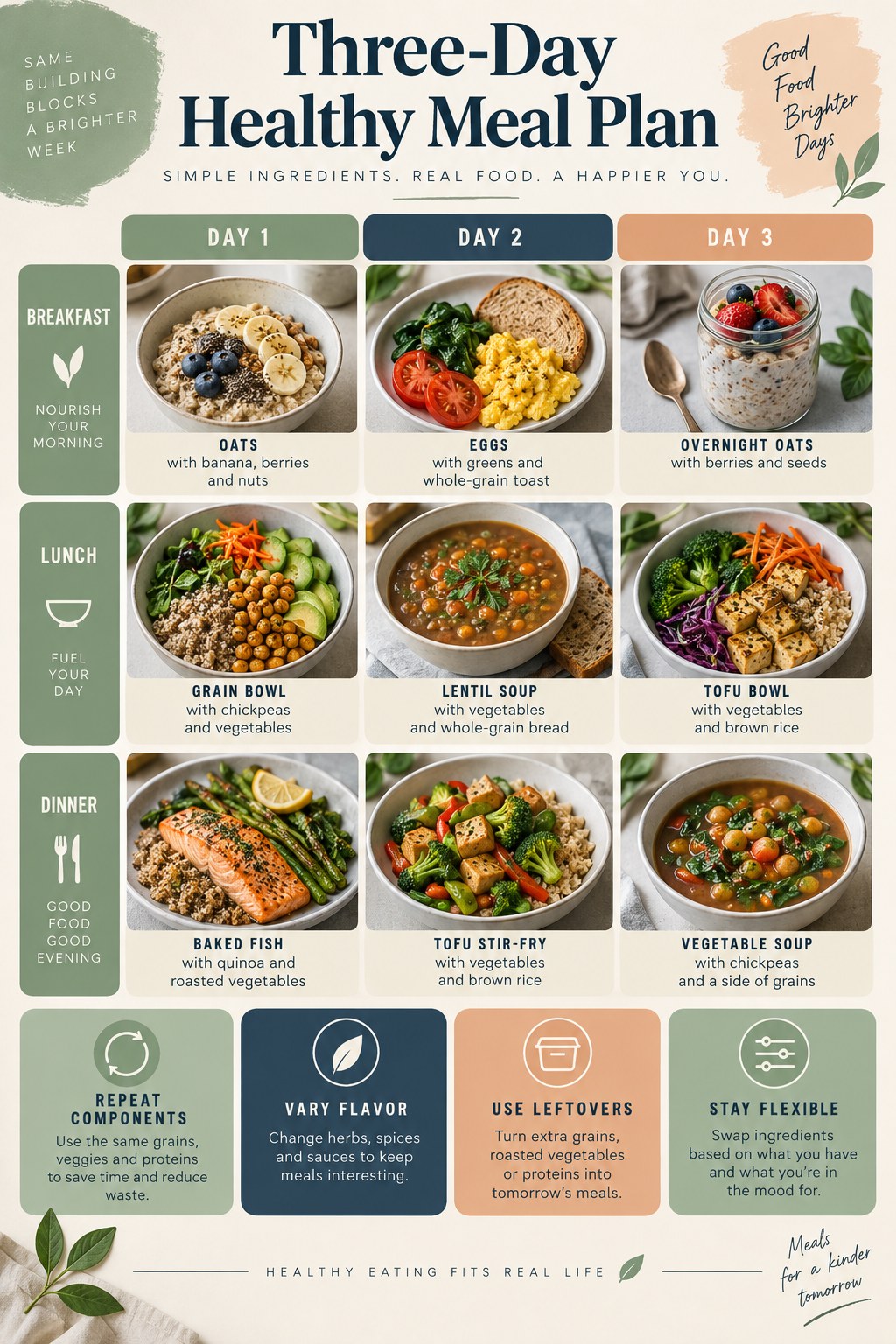 Portrait three-day meal plan with oats, eggs, grain bowls, lentil soup, fish or tofu, vegetables, grains, leftovers, and flexible meal cues.