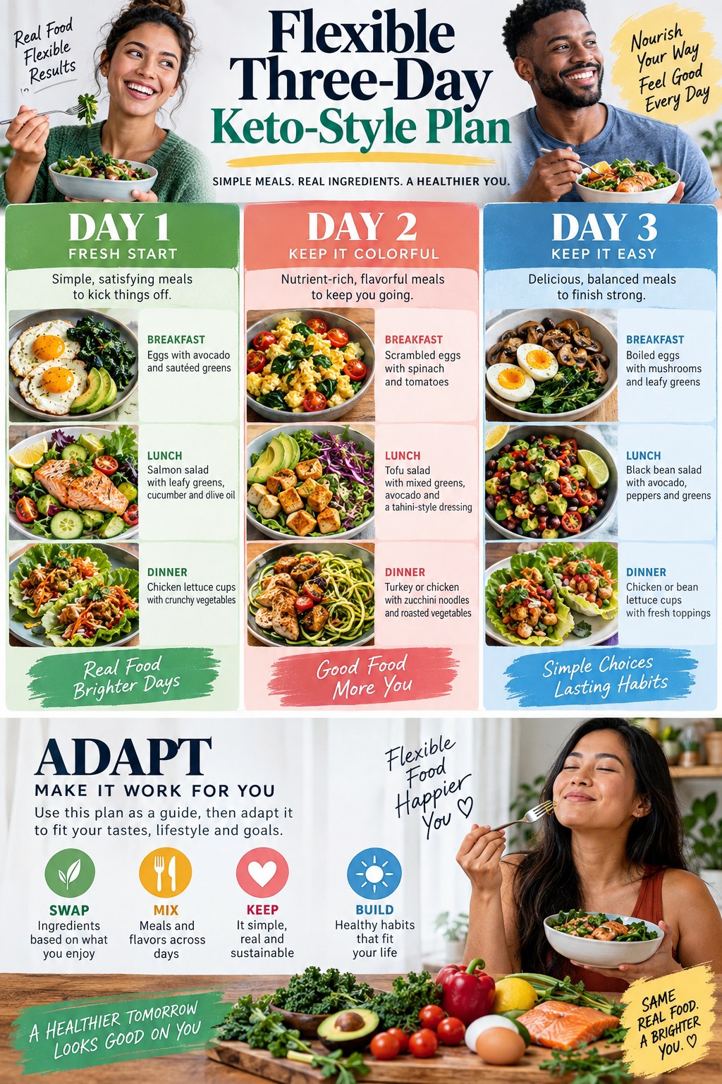 Portrait infographic showing a flexible three-day keto-style plan with eggs, vegetables, salmon or tofu salads, and chicken or bean lettuce cups.