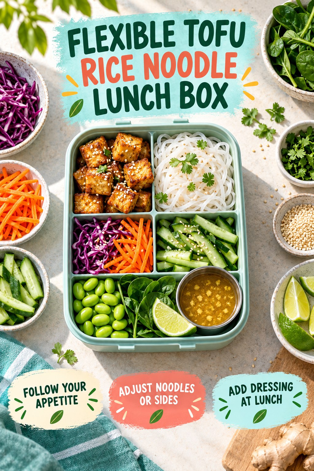 Flexible tofu rice noodle lunch box with cabbage, carrots, cucumber, edamame, spinach, lime, and separate dressing